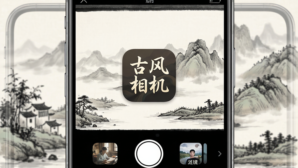 古风相机主界面展示,手机屏幕中央显示“古风相机”应用图标,背景是水墨山水画,界面布局简洁,包含拍照按钮和滤镜选项,风格古风古韵,细节精致,画质干净无多余元素