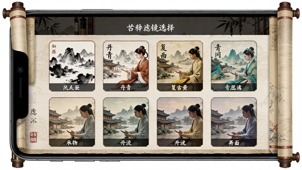古风相机滤镜选择界面,展示多种不同风格的滤镜缩略图,包括水墨、丹青、复古黄、青绿等,界面采用古典卷轴样式,主体为手机屏幕,布局清晰,风格雅致,细节丰富,画质干净无多余元素