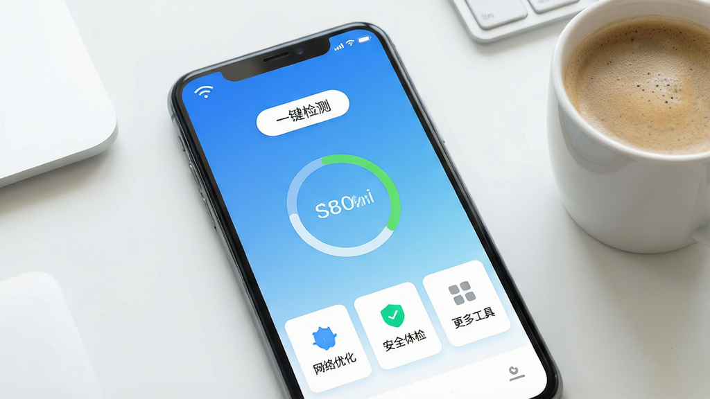 һ�������ֻ���Ļ��д����Ļ����ʾ�����ǡ�App�����棬���������׽���Ϊ��ɫ����������WiFi�ź�ͼ��͡�һ����⡱��ť���в��ǵ�ǰ������������ƺ��ź�ǿ��Բ�����ײ��С������Ż���������ȫ��족�������๤�ߡ��������ܿ�Ƭ���ֻ��Ա߷���һ�����ȣ������Ǽ�Լ�İ칫���������������ɾ������������޶���Ԫ��