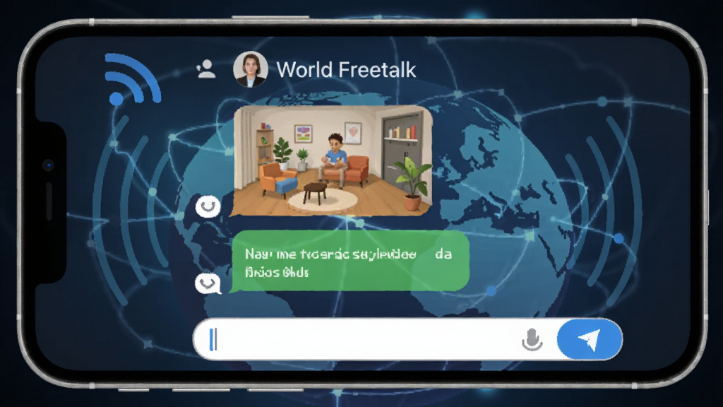 չʾ World Freetalk ����Ϣ���ͽ��棬�ֻ���Ļ��д���Ϸ�����ϵ���������м���ͼ�Ļ��ŵĶԻ����ݣ��·��������ͷ��Ͱ�ť�������е�����źŲ��Ƶ�ͼ�Σ�ͻ��ȫ�������ص㣬������ִ������ʸɾ�