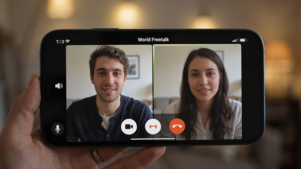 չʾ World Freetalk ����Ƶͨ�����棬�ֻ���Ļ������������Ƶ��������������������͵��黯Ч������Ļ��Ե����˷硢����ͷ���Ҷϰ�ťͼ�꣬���дʵ��ϸ�ڷḻ�����ʸ���