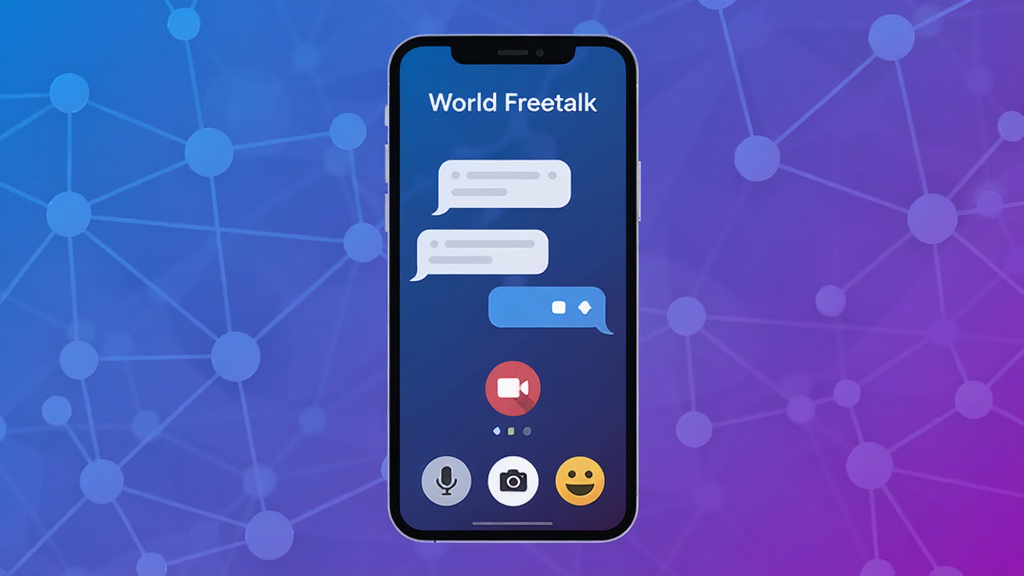 ���Ӿ�չʾ World Freetalk ��������棬�ֻ���Ļ���У������ǽ��������ɫ�罻����ڵ㣬���涥����ʾ��World Freetalk���������в��Ǽ��ĶԻ����ݺ���Ƶͨ��ͼ�꣬�·�����˷硢��������鰴ť�������Ű�ɾ�����ƽ�����ϸ��Բ�󣬻��ʸ��壬�޶���Ԫ��