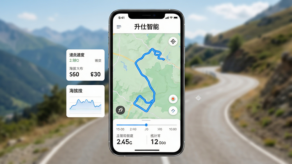主体:手机屏幕显示“升仕智能”的轨迹回放地图,带有蓝色骑行路线与速度曲线图,背景为户外山路。布局:手机界面占据画面中央,地图路线清晰,左侧边缘有速度与海拔数据卡片。排版:上方为“升仕智能”标题,中部为地图,下方为时间轴与统计数字。风格:明亮简洁,地图风格现代,数据展示清晰。画质:高清,干净无多余元素。