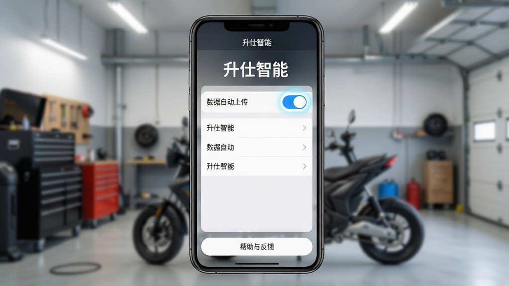 主体:手机屏幕显示“升仕智能”的设置界面,包含“数据自动上传”开关,背景为车库场景。布局:手机界面居中,背景虚化,开关按钮高亮显示。排版:上方为“升仕智能”标题,中部为设置列表,下方为“帮助与反馈”按钮。风格:简洁清晰,光线明亮,细节丰富。画质:高清,干净无多余元素。