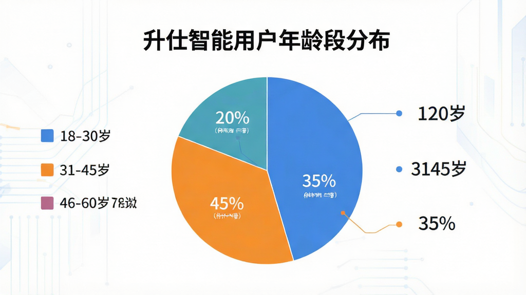 主体:一张饼状图,展示“升仕智能”用户年龄段分布,18-30岁占35%,31-45岁占45%,46-60岁占20%。布局:图表居中,左侧有图例说明,右侧有比例数字。排版:标题为“升仕智能用户年龄段分布”,下方为饼图,颜色区分明显。风格:现代商务风,简洁清晰。画质:高清,干净无多余元素。