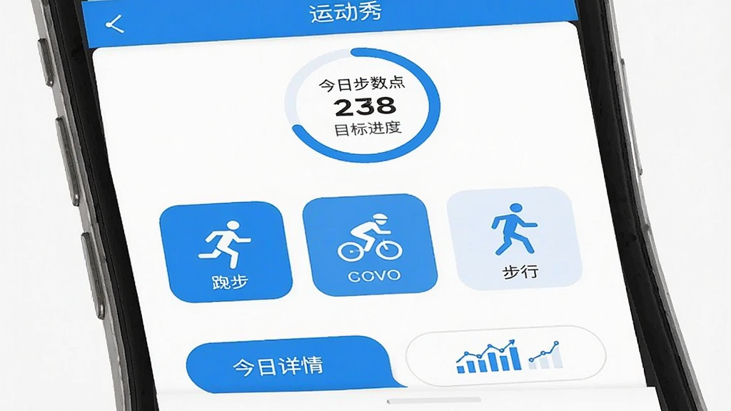一张展示“运动秀”App主界面的手机截图,界面简洁清爽,以蓝白为主色调,顶部显示今日步数和目标进度环,中部有跑步、骑行、步行三个快捷运动图标,底部是今日详情和图表按钮,整体风格现代扁平,画质干净,无多余元素