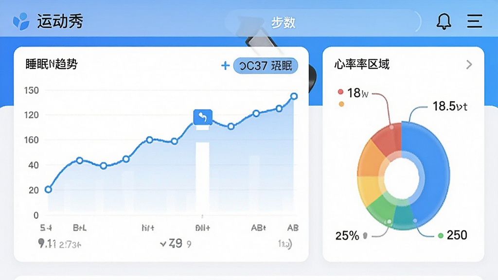 一张“运动秀”App的健康数据看板截图,展示步数趋势折线图、睡眠时长柱状图、心率区间饼图,每个图表都配有统计数字,界面以白色卡片为底,蓝色点缀,风格清新,排版整齐,画质清晰