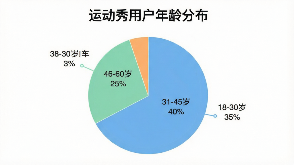一张饼状图,展示“运动秀”用户年龄分布:18-30岁占35%,31-45岁占40%,46-60岁占25%,图表配色清新,标题为“运动秀用户年龄分布”,画质干净