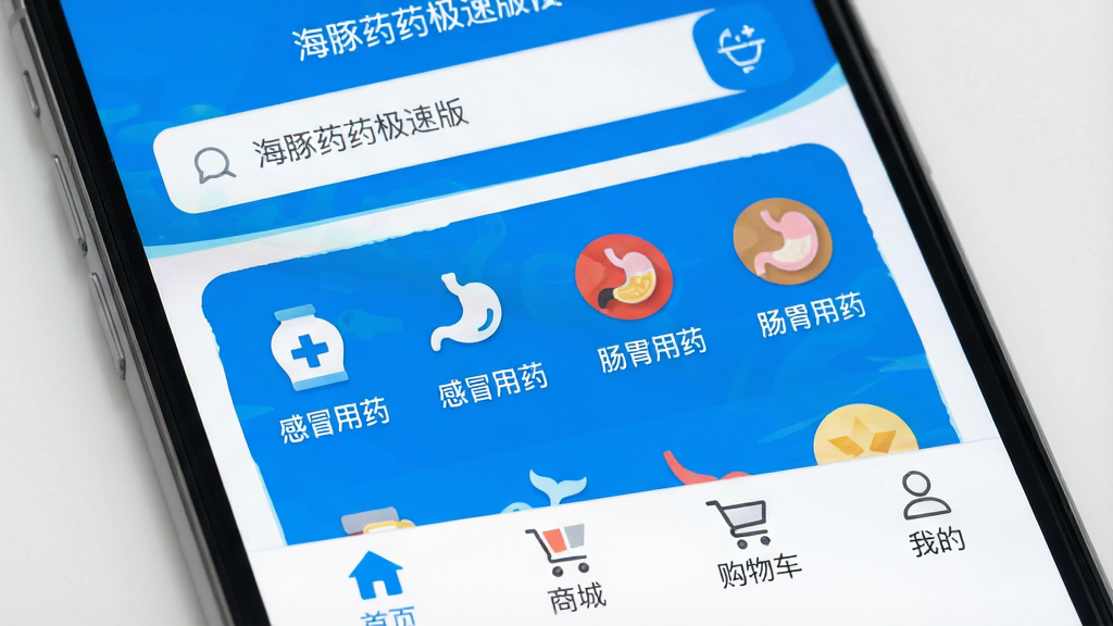 一张智能手机屏幕特写,屏幕中央显示“海豚药药极速版”APP的主界面,整体以蓝白配色为主,顶部搜索框醒目,中间是分类图标如“感冒用药”、“肠胃用药”,底部为“首页”、“商城”、“购物车”、“我的”四个选项卡,界面干净清爽,扁平化设计风格,画质高清,无多余元素。