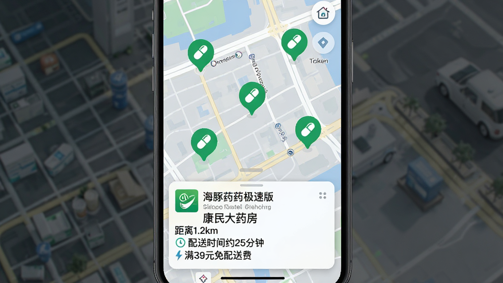 一张城市地图模式的手机界面,地图上分布着几个带有药丸图标的绿色店铺标记,底部弹出一个卡片,显示“海豚药药极速版”合作药店“康民大药房”的信息,包括距离1.2km、配送时间约25分钟、满39元免配送费,界面简洁明了,地图风格现代,画质清晰。