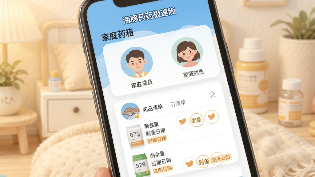 手机界面展示“海豚药药极速版”的“家庭药箱”功能,界面以卡片形式展示家庭成员的头像,点击进入后能看到药品清单,每个药品有剩余数量和过期日期标签,背景柔和,界面风格温馨,扁平化设计,画质干净。