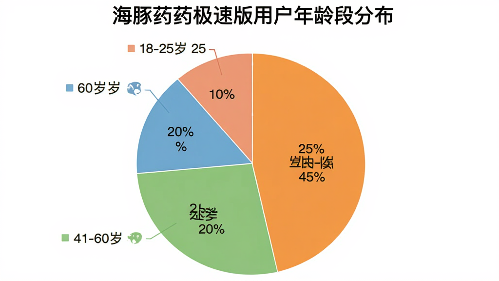 一个饼状图,标题为“海豚药药极速版用户年龄段分布”,图表显示18-25岁占25%,26-40岁占45%,41-60岁占20%,60岁以上占10%,配色清新,扁平化设计,数据清晰,画质干净。