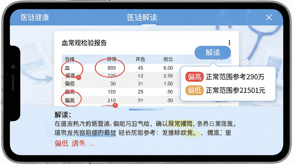 ���壺��ҽ��������APP�ı�����ҳ�棬չʾһ��Ѫ������鱨�浥���쳣ָ���ú�ɫԲȦ������Ա��С��������ť������󵯳�����˵���򡣲��֣����浥ռ����Ļ���룬�·�Ϊ����������򣬱���ǳ�����Ű棺���ݱ���������������ֶַΡ����רҵҽ�Ʒ磬��ɫ��͡�ϸ�ڣ�������ݰ�����ƫ�ߡ�����ƫ�͡���ǩ��������Χ�ο�ֵ�����ʣ��߷ֱ��ʣ��ɾ��޶���Ԫ�ء�