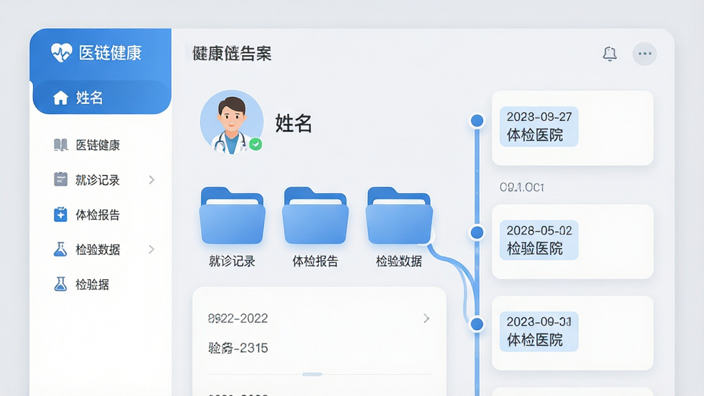 ���壺��ҽ��������APP�Ľ�������ҳ�棬��ʾ����ͷ���������·�Ϊ�������¼��������챨�桱�����������ݡ����������ļ���ͼ�꣬���һ���ļ��к�չʾʱ������ʽ�ļ�¼�б������֣����Ϊ������˵����Ҳ�Ϊ��������������ǳ��ɫ���Ű棺��Ϣ�㼶������ͼ��Բ��������������񣺼��ҽ�Ʒ磬��ɫ������ϸ�ڣ�ÿ�ݱ��������ں�ҽԺ���Ʊ�ǩ��ʱ�����������������ʣ����壬�ɾ��޶���Ԫ�ء�