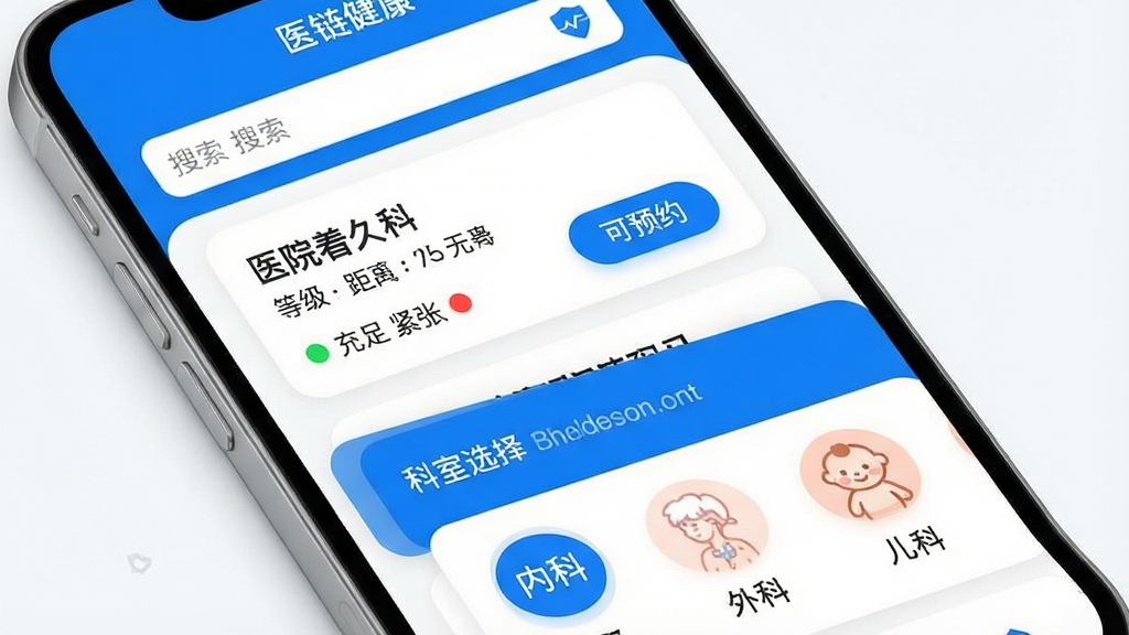 ���壺��ҽ��������APP��ԤԼ�ҺŽ��棬��Ļ�Ϸ����������·���ʾҽԺ�б���ÿ��ҽԺ��Ƭ����ҽԺ���ơ��ȼ�������͡���ԤԼ����ť�������������ѡ��ҳ�棬��ʾ���ڿơ�������ơ��������ơ���ͼ�ꡣ���֣��б�ʽ���֣���ƬԲ����ƣ�������ɫ���Ű棺��Ϣ��࣬��ť��ɫͻ��������ִ���Լ����ɫǿ��ɫ��ϸ�ڣ���Դ�����ò�ͬ��ɫԲ���ʾ����ɫ���㣬��ɫ���ţ���ɫ�޺ţ������ʣ��������ɾ��޶���Ԫ�ء�