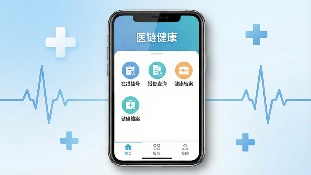 ���壺һ�������ֻ���Ļչʾ��ҽ��������APP�����棬���涥����ʾ��ҽ���������������м�Ϊ����ͼ�����У��硰���߹Һš����������ѯ�������������������ײ��С���ҳ���������񡱡����ҵġ�����ѡ������֣��ֻ����У���������͵����׽��䣬��Χ������ҽ�Ƶ�ʮ�ֺ��ĵ�ͼ������׺���Ű棺����ͼ�����������ֱ�ǩ��ȷ���޶���Ԫ�ء�����ִ���ƽ����ɫ�����£�ҽ��רҵ�С�ϸ�ڣ��ֻ���Ļ������Ȼ��������Ӱ��͡����ʣ�4K���壬�ɾ��޶���Ԫ�ء�