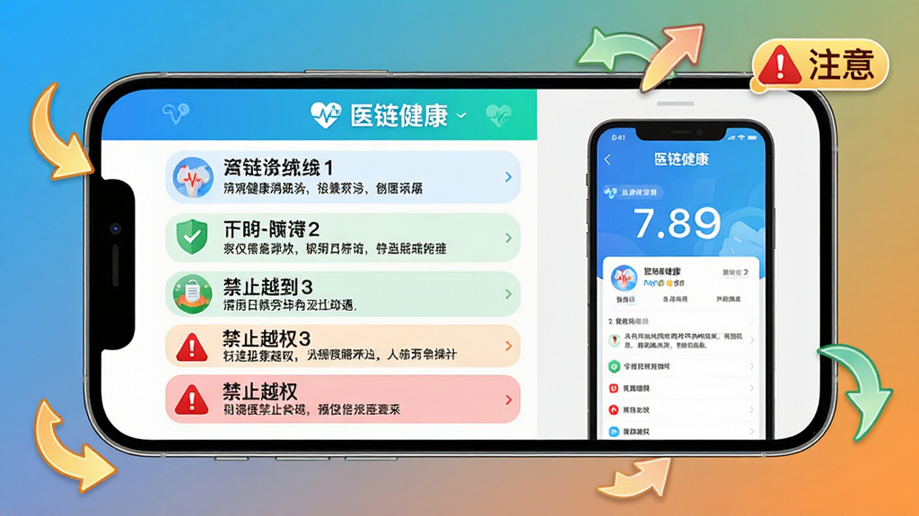 ���壺һ���ֻ�������ʾ��ҽ��������App��ʹ�ý̳̽�ͼ����Ļ��Ϊ���������֣�����ǲ��������б����Ҳ��ǽ����ͼ�����֣��ֻ����У�����Ϊ����ɫ����Χ�м�ͷ�͡�ע�⡱ͼ�ꡣ�Ű棺�������������ֱ������Ŀ�׶�����񣺽̷̳��ɫ�����졣ϸ�ڣ�ÿ�������·��м��˵������ɫ����ͼ��ͻ������ֹԽȨ�������ʣ��������ɾ��޶���Ԫ�ء�