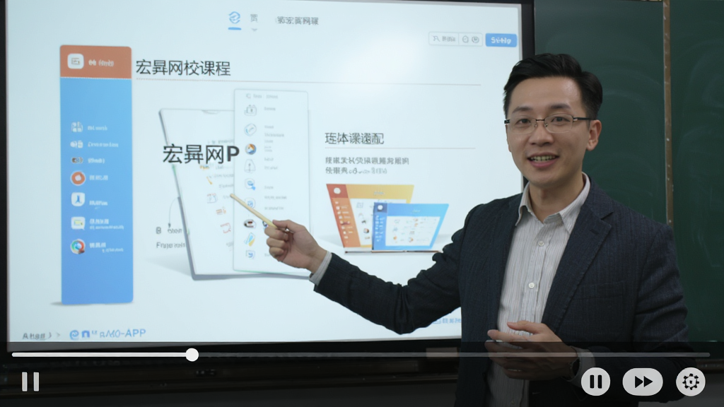 ����УAPP���ſγ���Ƶ�Ļ��棬��Ƶ����ʾ��ʦ���ڽ���PPT����Ļ�·��н������Ϳ��ư�ť������������ɫ����Ȼ������UI��࣬���ʸɾ��޶���Ԫ��