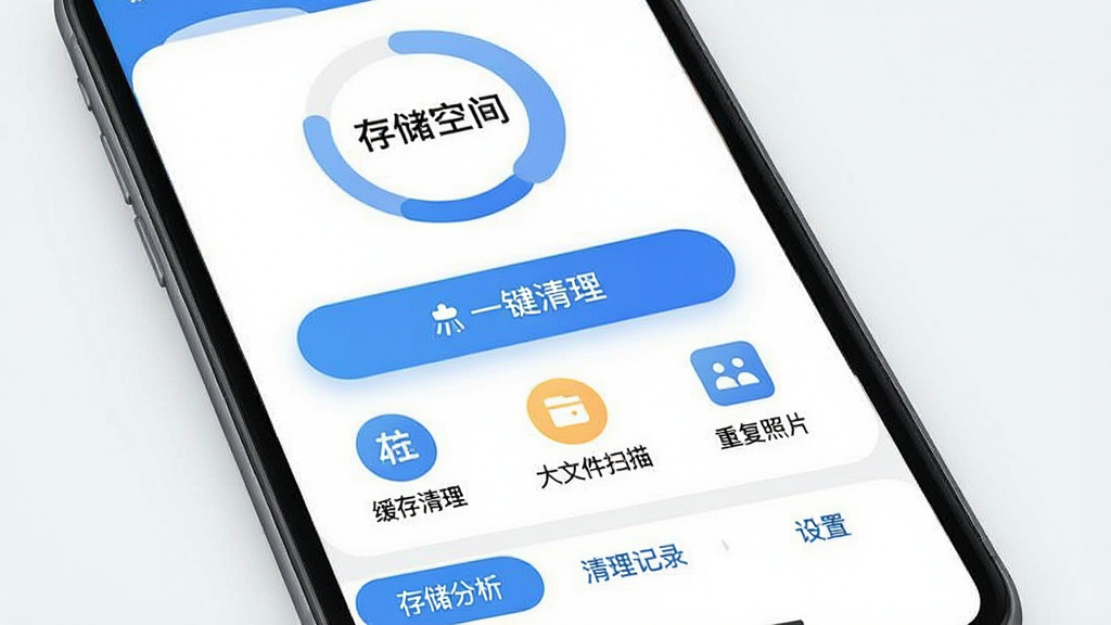 һ��չʾ�ڶ���app������ĸ����ͼ���������ֻ���ĻչʾӦ�ý��棬����Ϊ������ʾ�洢�ռ�ʹ���������ͼ���м��ǡ�һ����������ť�ͼ�������ͼ�꣨�������������ļ�ɨ�衢�ظ���Ƭ�����ײ��ǡ��洢��������������¼�������á�����ѡ�������ִ���ƽ��������Ϊ��ɫ����ϸ��Բ�󣬻��ʸɾ��޶���Ԫ��
