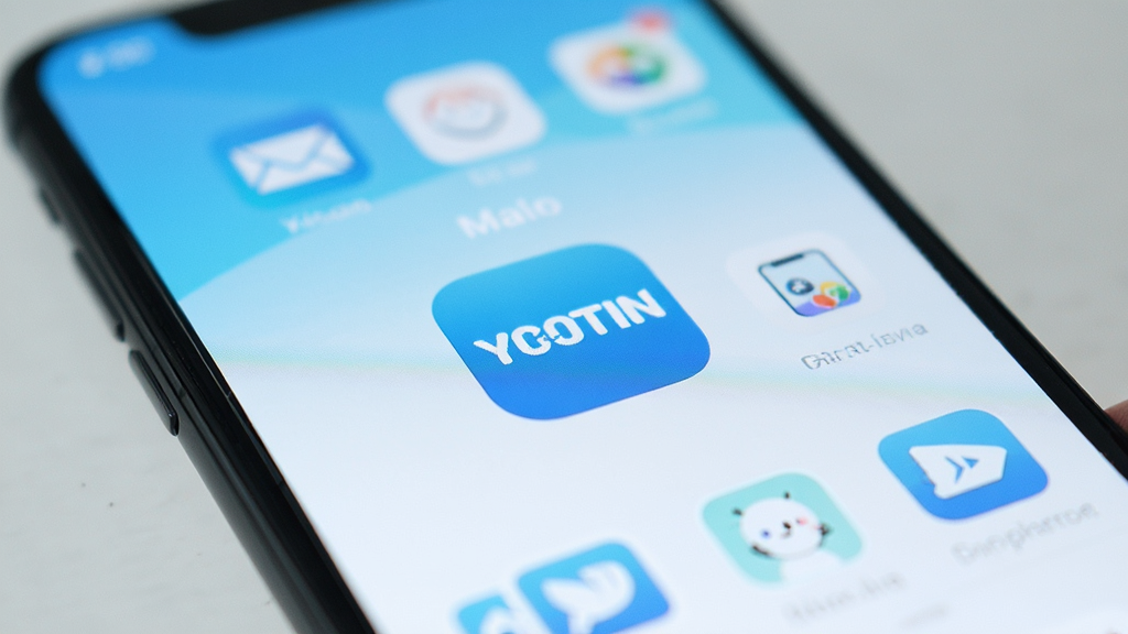 一张智能手机屏幕的特写,屏幕中央显示“YOOTIN”的APP图标和主界面,界面风格简洁现代,以浅蓝色和白色为主色调,图标排列整齐,背景虚化,整体画面干净明亮,突出软件的清爽与易用性,画质高清,无多余元素。