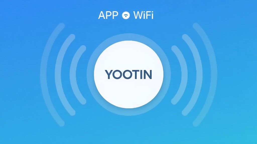 一张展示“YOOTIN”APP连接WiFi过程的截图,界面显示一个明显的圆形连接按钮,周围有信号波纹动画,背景是简洁的蓝色渐变,中心有“YOOTIN”字样,布局居中,风格扁平化,细节清晰,画质干净。