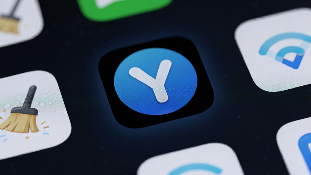 一张“YOOTIN”APP在手机桌面的图标特写,图标设计为蓝色圆形,中间有一个白色的“Y”字母,手机屏幕背景为深色,图标微微发光,旁边散落着一些小小的工具图标,如清理扫把、WiFi信号等,布局居中,风格简约,细节精致,画质高清。