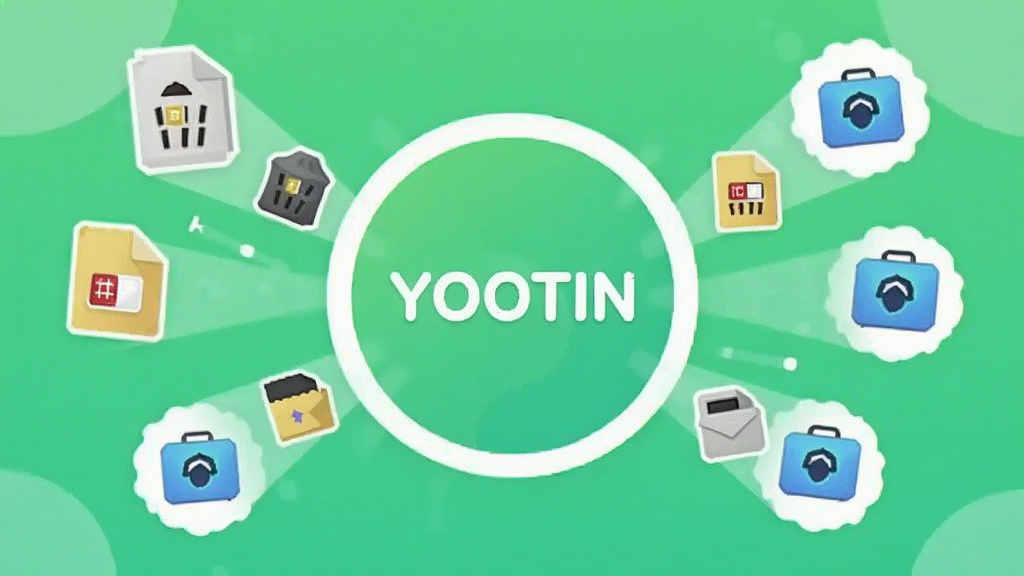 一张“YOOTIN”APP的清理功能界面截图,界面显示一个圆形的清理按钮,周围有垃圾文件、缓存文件、安装包等小图标被吸入的动画效果,背景为浅绿色,中心有“YOOTIN”字样,布局简洁,风格活泼,画质高清,无多余元素。
