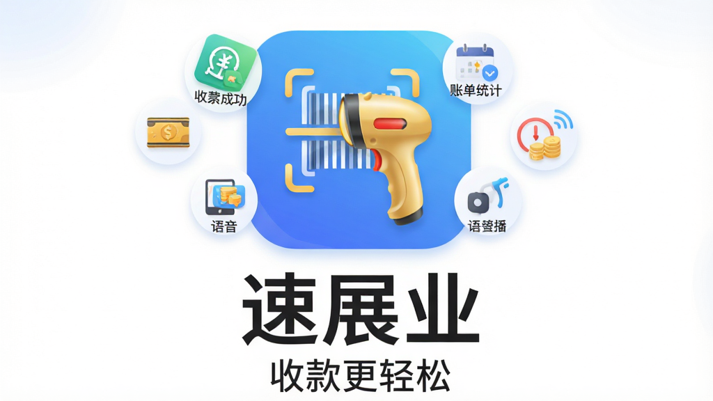 һ���ֻ�Ӧ���̵��������ͼ�������ǡ���չҵ��APPͼ�꣬ͼ��Ϊ���׽��䱳�����м��н�ɫɨ��ǹͼ������Χ�������տ�ɹ����˵�ͳ�ơ�����������Сͼ�ꡣ���ֲ��þ��жԳ��Ű棬ͼ���·��С���չҵ���������֣��ײ��ǡ��տ�����ɡ��ı������ִ���ƽ��ϸ��Բ�󣬻��ʸɾ��޶���Ԫ�ء�