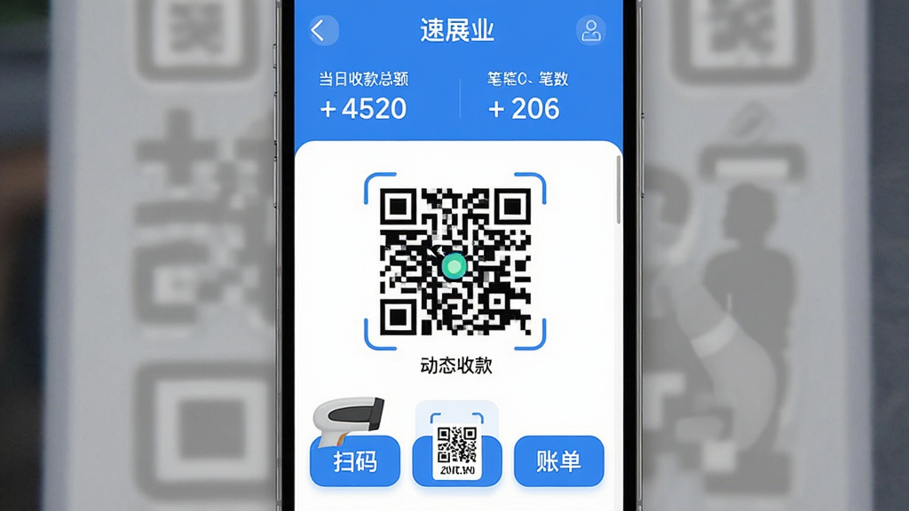 һ���ֻ�Ӧ�ý�ͼ���ͼƬ�������ǡ���չҵ�����տ���棬������ʾ�����տ��ܶ�ͱ������м��Ƕ�̬�տ��ά�룬�ײ���ɨ��ǹ���տ��롢�˵�������ť������������������ɫ��������ִ���ƽ��ϸ��Բ�󣬻��ʸɾ��޶���Ԫ�ء�