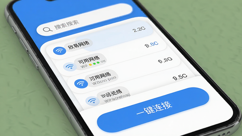 ���������������棬�ֻ���ĻչʾWiFi�����б���������������ɫ���Ϸ����������м��ǿ��������б����ײ��С�һ�����ӡ���ť������ִ���ƽ��ϸ��Բ�󣬻��ʸɾ��޶���Ԫ��