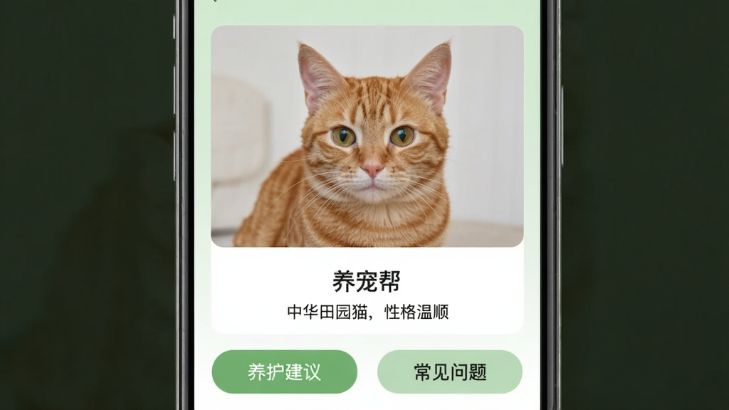 һ���ֻ�Ӧ�ý�ͼ����Ļ������ʾһֻ�ɰ�����è��Ƭ����Ƭ�·��С���������ʶ���������л���԰è���Ը���˳������������ֱ��ǡ��������顱�͡��������⡱��ť������Ϊ����ɫ�����������������ʸɾ�