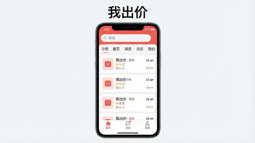 һ��չʾ���ҳ��ۡ�APP������ĸ����ͼ������Ϊ�ֻ���Ļ����Ļ����ʾ���ľ����б���������������ͷ����ǩ���ײ��ǡ���ҳ��������Ϣ�������ҵġ�����ѡ��������������Ű����룬����ִ���ƽ��ϸ��Բ�󣬻��ʸɾ����޶���Ԫ�أ���Ļ�Ϸ��С��ҳ��ۡ�������