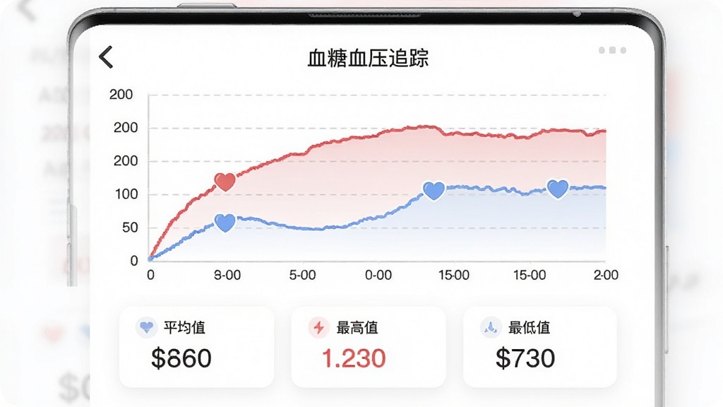 ��Ѫ��Ѫѹ׷�١�APP����ͼ�����棬��Ļ����ʾһ����ɫѪѹ���ߺ�һ����ɫѪ�����ߣ����������ڣ���������ֵ������ͼ�·��С�ƽ��ֵ���������ֵ���������ֵ������ͳ�ƿ�Ƭ�������ǰ�ɫ������࣬��ɫ��ͣ����ʸɾ���