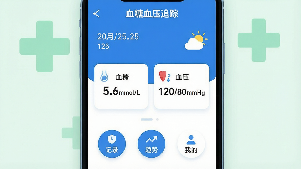 һ�������ֻ���Ļ��д����Ļ��ʾ��Ѫ��Ѫѹ׷�١�APP�����棬����������Ϊ��ɫ����������ʾ���ں��������м���Ѫ�Ǻ�Ѫѹ����ֵ��Ƭ����Ƭ�Ϸֱ��ע��Ѫ�� 5.6mmol/L���͡�Ѫѹ 120/80mmHg�����ײ�������Բ�ΰ�ť����¼���������ơ������ҵġ����ֻ������ǵ���ɫ��ҽ��ʮ��ͼ�꣬���岼�ּ������������ִ���ƽ��ϸ��Բ�󣬻��ʸɾ��޶���Ԫ�ء�
