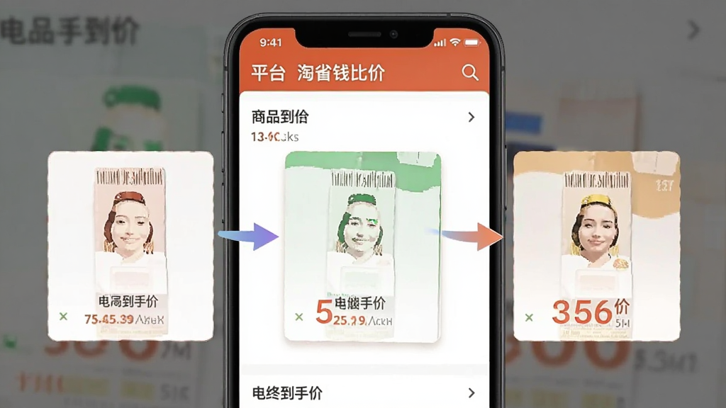 һ����ʡǮ�ȼ۹��ܵĽ����ͼ���������ֻ���Ļ����Ļ����ʾһ����Ʒ��������ͬ����ƽ̨�ļ۸�Աȣ��ֱ��עƽ̨���ƺ����յ��ּۣ��м��ü�ͷ���������ӡ������������Ű����򣬷���࣬ϸ��ͻ�������ʸɾ��޶���Ԫ�ء�