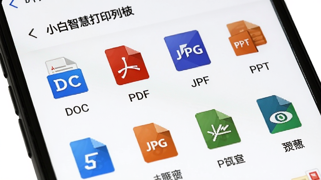 展示「小白智慧打印」的文件类型支持列表,手机屏幕上排列着DOC、PDF、JPG、PPT等常见格式图标,每个图标下方有对应名称,界面风格统一,以白色为背景,图标色彩鲜明,整体布局规整,画质清晰,无多余元素