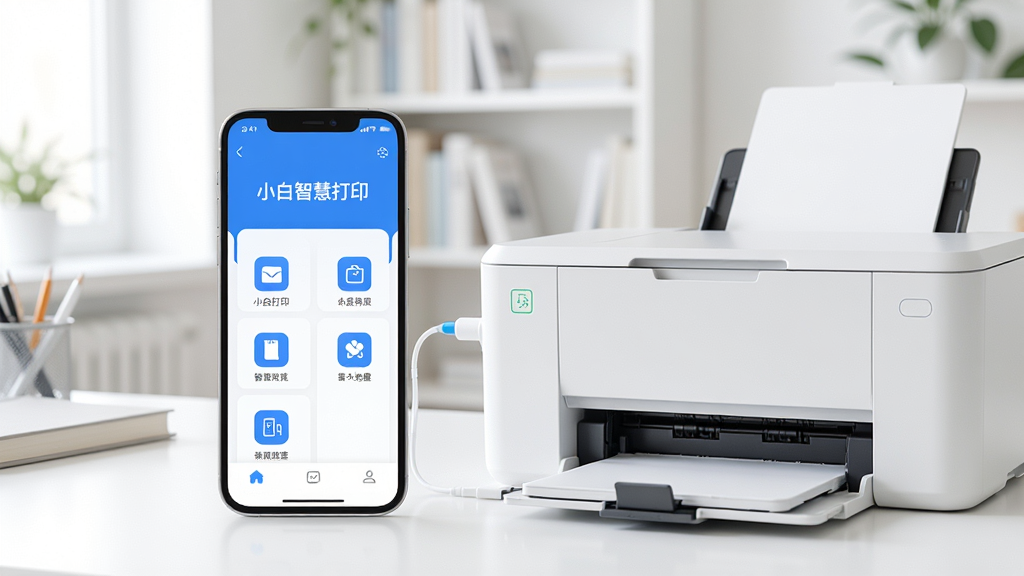 一张展示智能手机连接打印机的场景图,手机屏幕上显示「小白智慧打印」主界面,界面风格简洁现代,以白色和蓝色为主色调,功能图标清晰排列,背景为明亮的书房环境,打印机位于手机旁边,整体画面干净通透,画质高清,无多余元素