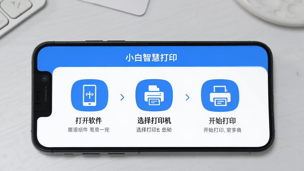 展示「小白智慧打印」的连接向导界面,手机屏幕上有三个步骤的图标,依次为「打开软件」、「选择打印机」、「开始打印」,每个步骤下方有简单的文字说明,界面以蓝白配色为主,整体排版清晰,背景为浅灰色的桌面,画质干净,无多余元素