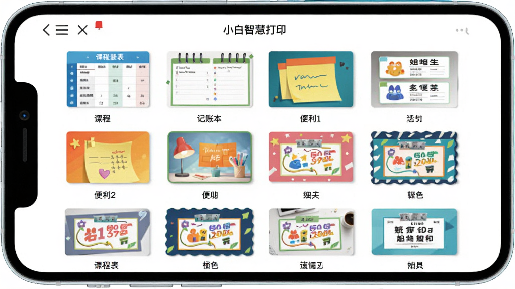 展示「小白智慧打印」的模板库界面,手机屏幕上以网格形式展示多个模板缩略图,包括课程表、记账本、便利贴、姓名贴等,每个缩略图下方有名称,界面以白色为底,模板缩略图色彩丰富,整体风格清新,画质清晰,无多余元素