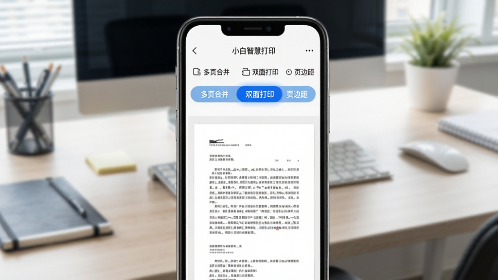 展示「小白智慧打印」的打印预览界面,手机屏幕显示一份文档的预览效果,页面上方有「多页合并」、「双面打印」、「页边距」等设置选项,界面简洁,蓝色高亮显示当前选择项,背景为办公桌面,画质干净,无多余元素