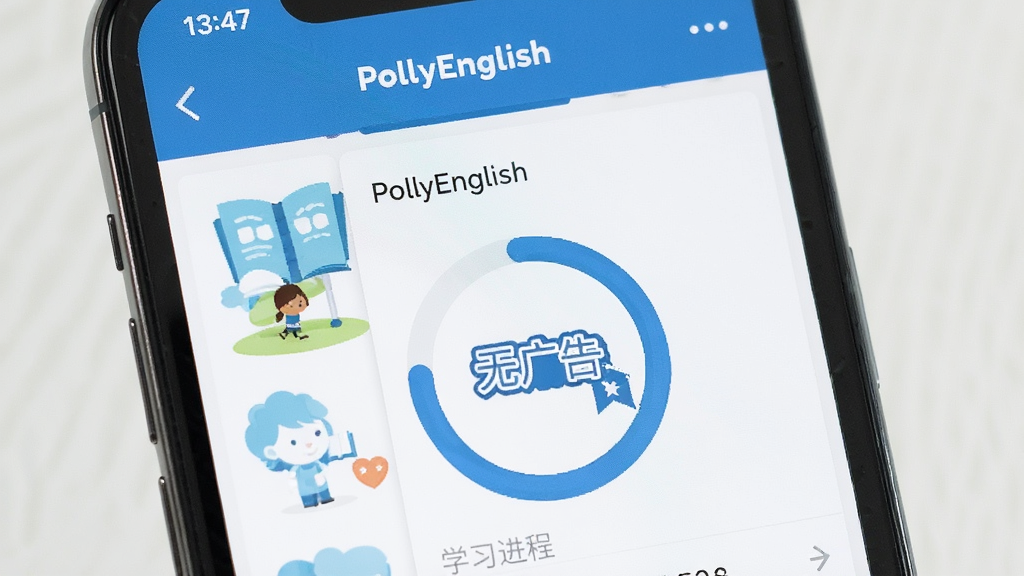չʾPollyEnglish�޹�����Ľ�ͼ���������ֻ���Ļ����Ļ����ѧϰ�����棬�пγ��б���ѧϰ���Ȼ��͡��޹�桱���£����ּ�࣬�����ˬ��������ɫ�����ʸ��壬�޶���Ԫ�ء�