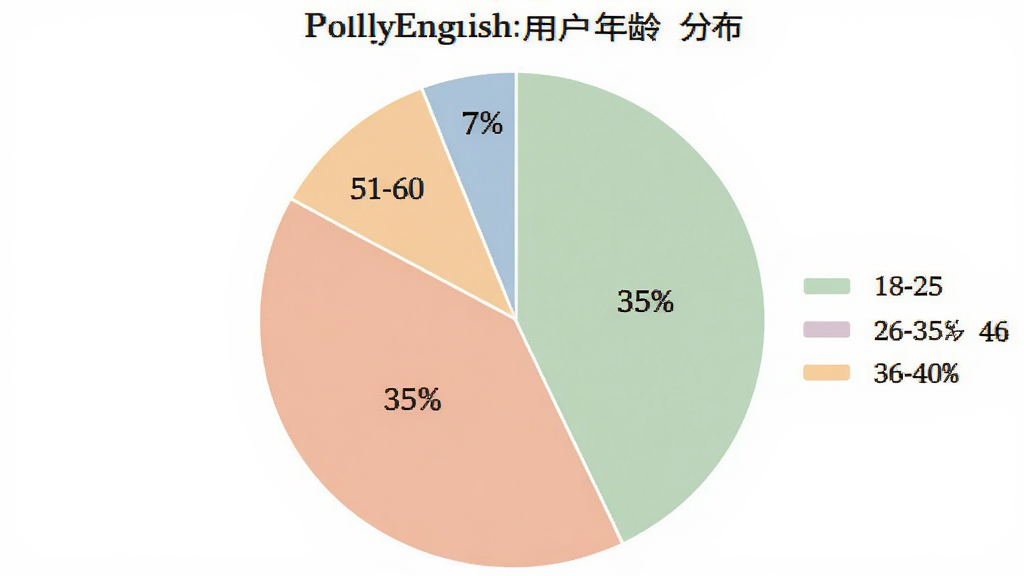��״ͼչʾPollyEnglish�û�����ֲ���������Բ��ͳ��ͼ����Ϊ�ĸ�������18-25��ռ35%��26-35��ռ40%��36-50��ռ18%��51-60��ռ7%����ɫ��ͣ�ͼ�������������ɾ�������Լ�����ʸ��塣