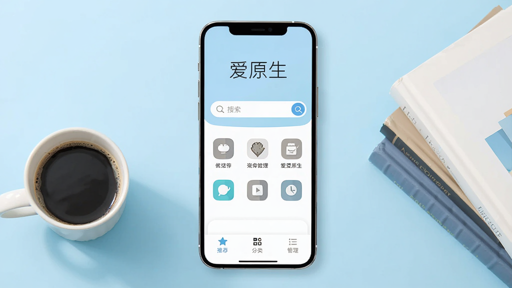 画面主体为“爱原生”APP的打开界面,手机屏幕居中,背景是干净简洁的浅蓝色调,界面顶部显示“爱原生”三个字,中间是搜索框和几个应用图标,底部有“推荐”“分类”“管理”三个选项卡,手机旁边配有一杯咖啡和几本书,整体风格扁平现代,画质干净无多余元素。