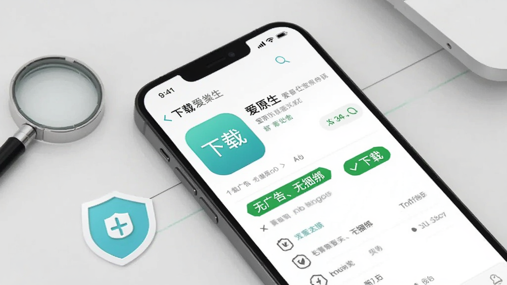 画面主体为“爱原生”APP的下载详情页,手机屏幕显示某应用的详情,包含“下载”按钮和“无广告、无捆绑”的绿色标签,背景是淡灰色的桌面,旁边有放大镜和盾牌图标,整体风格简洁明亮,画质干净无多余元素。