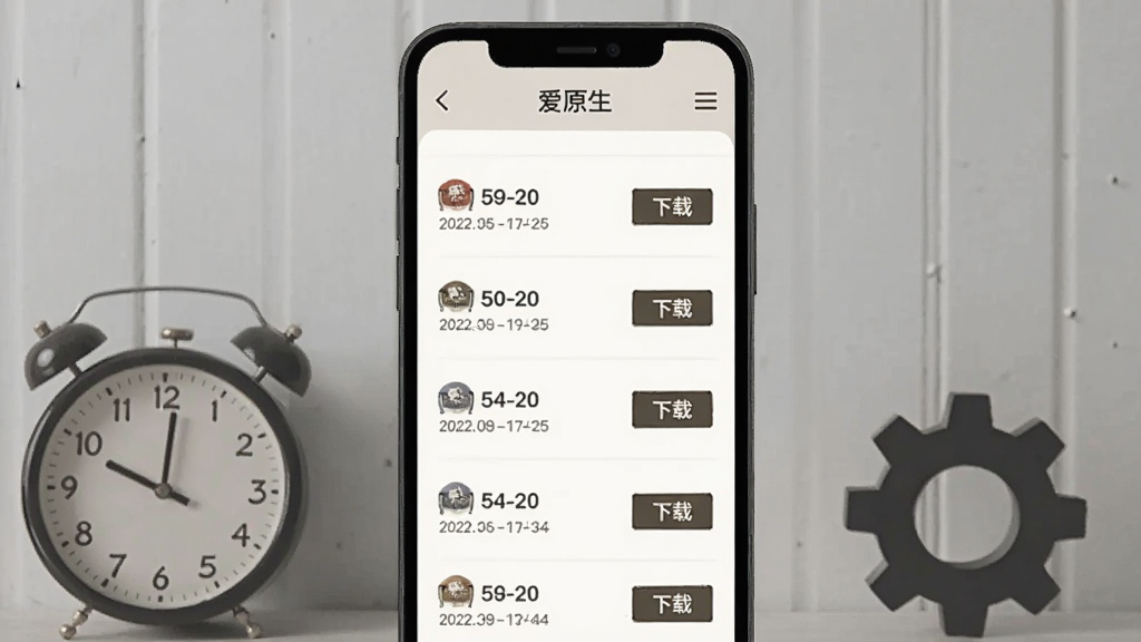 画面主体为“爱原生”APP的历史版本列表页,手机屏幕显示多个版本号和日期,每个版本旁边有“下载”按钮,背景是浅灰色墙面,旁边放着一个时钟和齿轮图标,整体风格复古简约,画质干净无多余元素。