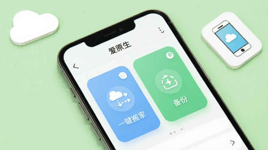 画面主体为“爱原生”APP的应用管理界面,手机屏幕显示“一键搬家”和“备份”两个功能卡片,背景是浅绿色桌面,旁边有云朵和手机图标,整体风格清爽自然,画质干净无多余元素。