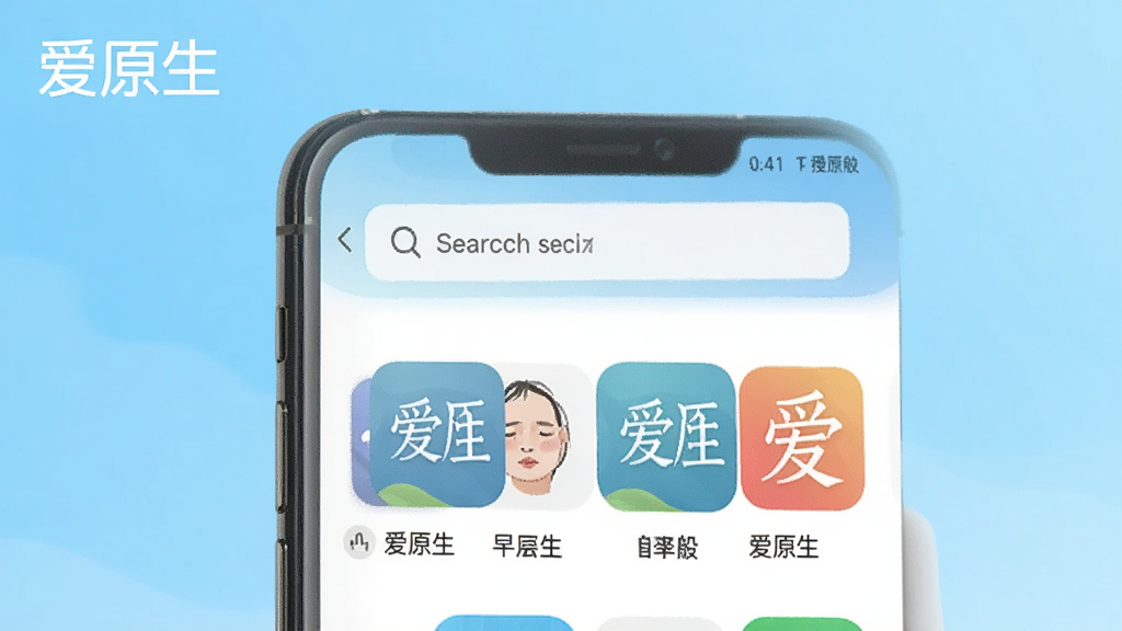 画面主体为“爱原生”APP的搜索界面,手机屏幕显示搜索框,下方是几个匹配的应用图标和名称,背景是浅蓝色渐变,左上角有“爱原生”字样,整体风格干净简洁,画质清晰无多余元素。