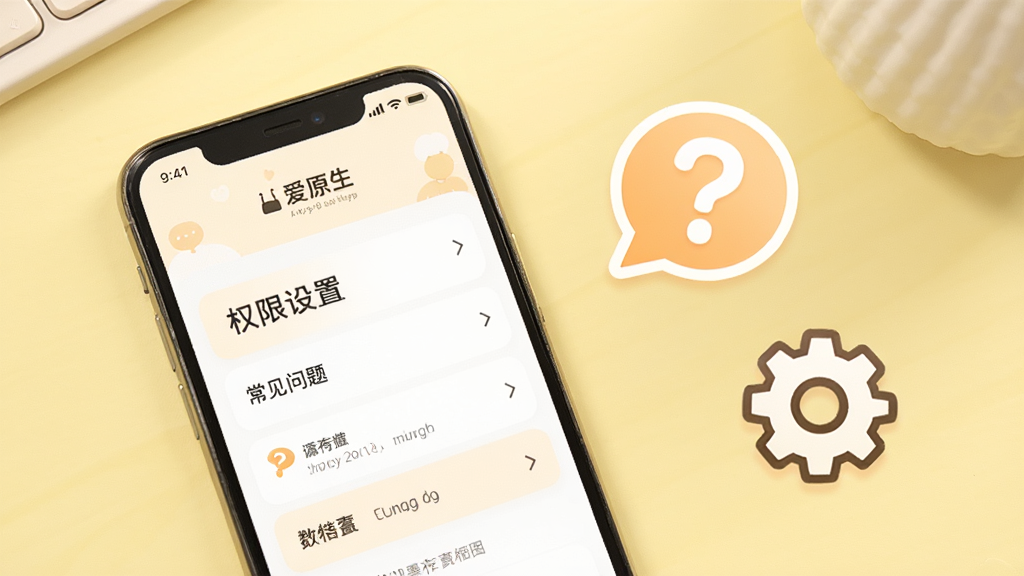 画面主体为“爱原生”APP的使用教程界面,手机屏幕显示“权限设置”“常见问题”等条目,背景是淡黄色桌面,旁边有问号气泡和设置齿轮图标,整体风格温馨实用,画质干净无多余元素。