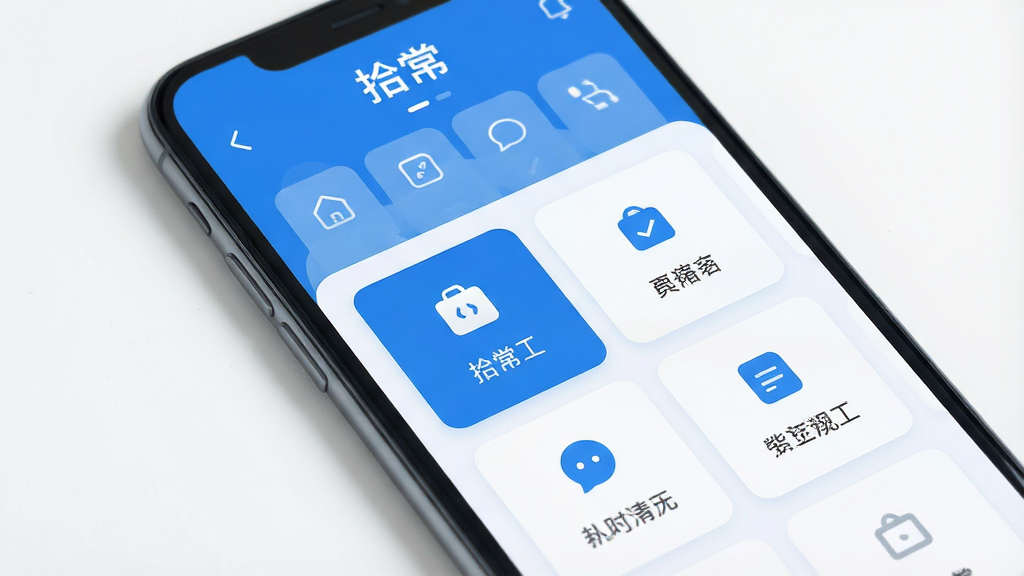 一张智能手机屏幕的特写,屏幕中央显示“拾常”App的主界面,界面设计简洁现代,以蓝白为主色调,顶部有“拾常”字样和简洁的功能图标,中间是几个核心功能卡片,排列整齐,背景干净,无多余元素,画质高清,风格扁平化,色彩清新,光照明亮,突出App的清爽感和实用性。