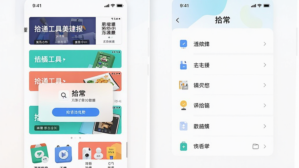 一张对比图,左边是普通工具App的界面,带有大量广告横幅和弹窗,右边是“拾常”的干净界面,只有简洁的功能列表,风格现代扁平,色彩明亮,画质干净无多余元素,突出“拾常”的无广告优势。